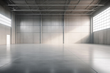 Spacious and modern empty gray industrial warehouse interior with bright lighting and a clean, polished concrete floor, reflecting a minimalistic design