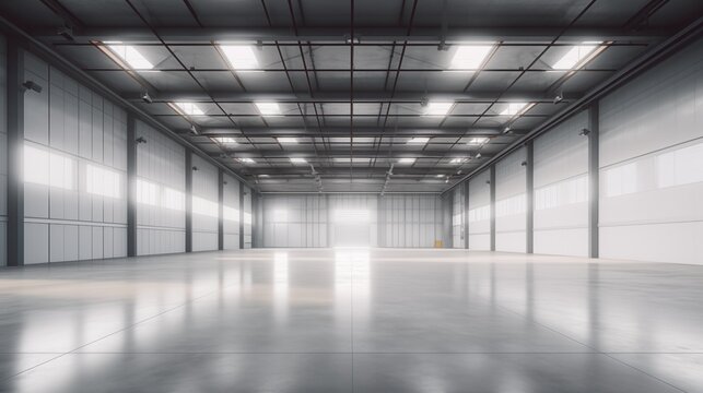 Spacious and modern empty gray industrial warehouse interior with bright lighting and a clean, polished concrete floor, reflecting a minimalistic design