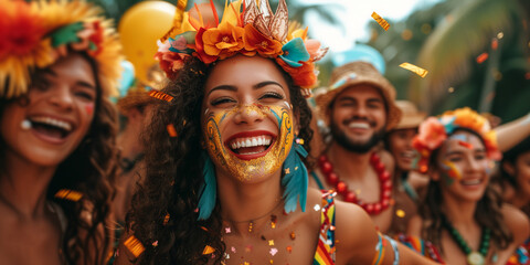 People at the carnival, festival and party. Exuberant carnival goers with radiant smiles and colorful costumes enjoying the festivity