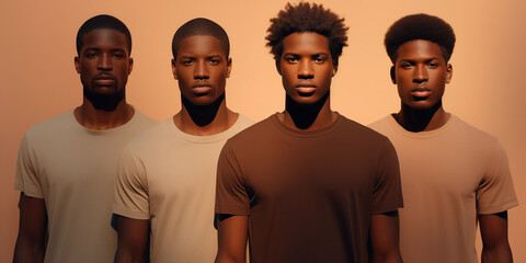 Group portrait of four young black men in t-shirts, unity and diversity concept