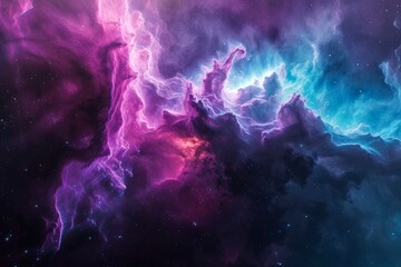 Amidst the vastness of the universe, a stunning display of violet and magenta clouds and stars dance together, evoking a sense of wonder and the beauty of nature in outer space