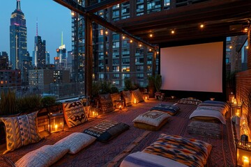 Naklejka premium Nighttime rooftop cinema with cozy blankets and cityscape views