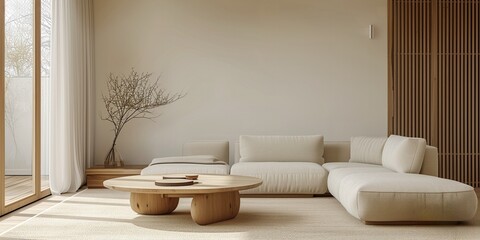 Fototapeta na wymiar Japandi minimalist interior with organic textures and nature view