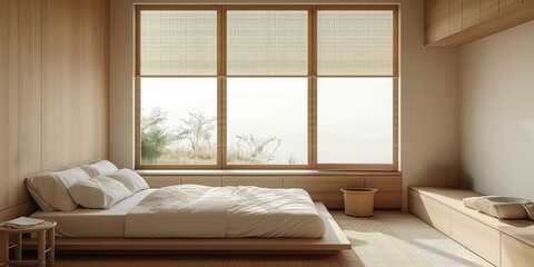 Elegant japandi interior of bedroom with big window, beige wall, bed, modern design, cozy aesthetic, minimalistic decor in apartment