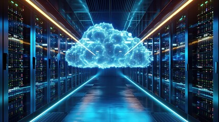 Data center with blue luminous cloud network and rows of server racks, modern cloud computing in server room