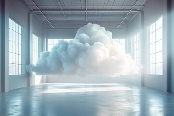 Surreal scene of real cloud inside a spacious industrial warehouse, weather indoors