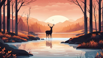 Fotobehang Abstract background of deer in the rive. Forest fantasy landscape graphic illustration. Template for your design works ready to use. © Jati