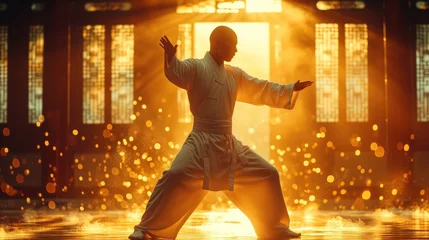 Foto auf Leinwand Portrait of kung fu master executes a powerful martial arts stance, surrounded by a swirl of fiery sparks that emphasize the energy and intensity of his discipline © iridescentstreet