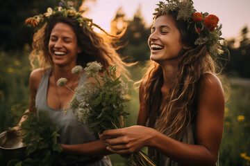 Two women in wreaths collect herbs and flowers in the evening. Generative AI tools