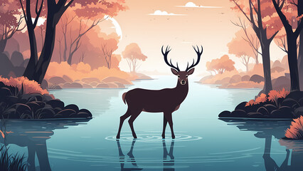 Abstract background of deer in the rive. Forest fantasy landscape graphic illustration. Template for your design works ready to use. - obrazy, fototapety, plakaty