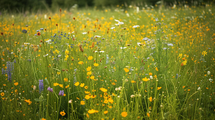 Fototapeta premium A vast meadow filled with a variety of wildflowers, creating a colorful natural tapestry