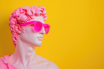 Antique greek statue wearing cool pink sunglasses, blending ancient art with contemporary style, isolated on yellow background