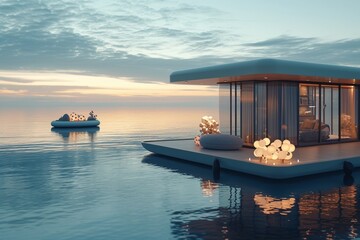 A luxurious, modern houseboat floating on a tranquil ocean, with the easter theme with sunset