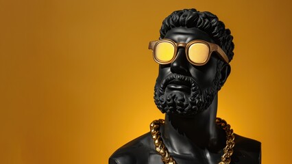 Antique greek statue wearing cool golden sunglasses and thick gold chain, blending ancient art with contemporary style, isolated on yellow background