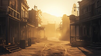 Wild West. Old western town at sunset with wooden buildings and a dusty street