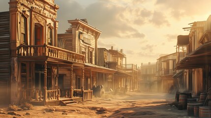 Fototapeta na wymiar Wild West. Old western town at sunset with wooden buildings and a dusty street