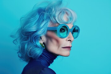 Studio portrait of beautiful senior woman with blue hair, wearing trendy sunglasses, retired stylish fashion model with cool vibrant look