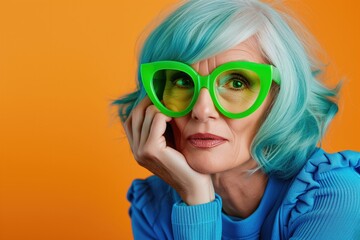 Studio portrait of beautiful senior woman with gradient blue hair, wearing trendy neon green sunglasses, retired stylish fashion model with cool vibrant look