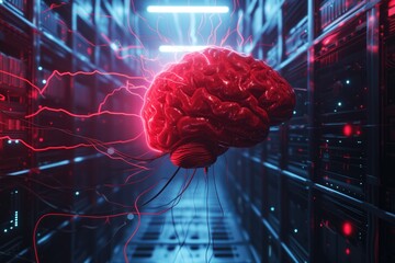 Evil red AI brain in data center server room. Danger of strong artificial intelligence, threat to humanity, future risk of creating dangerous ASI, scary superintelligence - obrazy, fototapety, plakaty