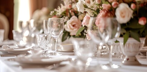 Obraz na płótnie Canvas A stunning floral centrepiece adorns a perfectly set table, complete with elegant stemware and delicate rose bouquets, creating a romantic and sophisticated atmosphere for a rehearsal dinner or weddi