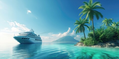 Luxury cruise ship near a tropical island with palm trees and clear turquoise waters under a bright blue sky - obrazy, fototapety, plakaty
