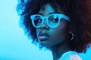 Fashion portrait of young beautiful african woman wearing trendy glasses, showcasing stylish look with afro hairstyle, isolated on neon blue background
