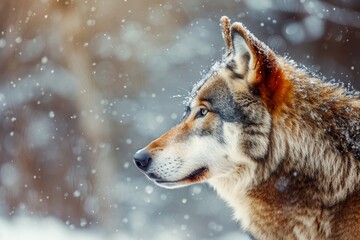 Fototapeta premium A majestic wolfdog braves the freezing winter as it prowls through the snow-covered landscape, embodying the fierce spirit of its wild canis ancestors
