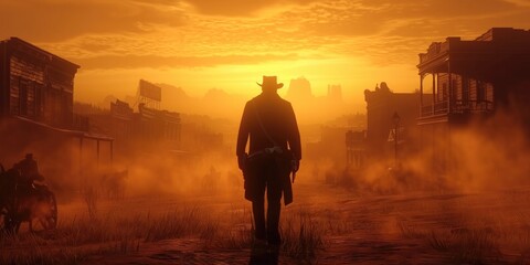 Cowboy walks through a dusty Wild West landscape at sunset, the golden light casting a heroic silhouette in dust