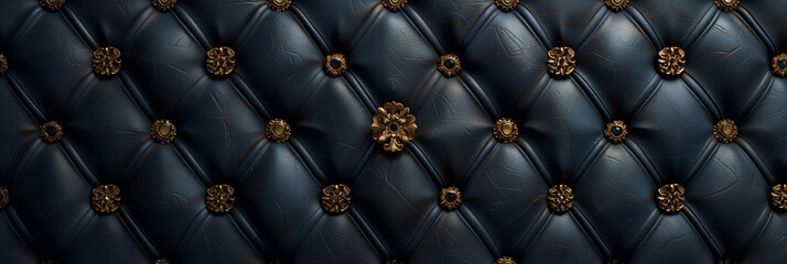 Luxurious navy blue tufted leather with ornate gold buttons for an upscale wallpaper design