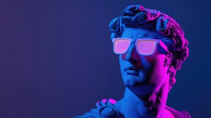 Poster Antique greek statue wearing cool neon pink sunglasses, blending ancient art with contemporary style, isolated on blue background © iridescentstreet