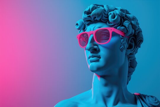 Antique greek statue wearing cool neon pink sunglasses, blending ancient art with contemporary style, isolated on blue background