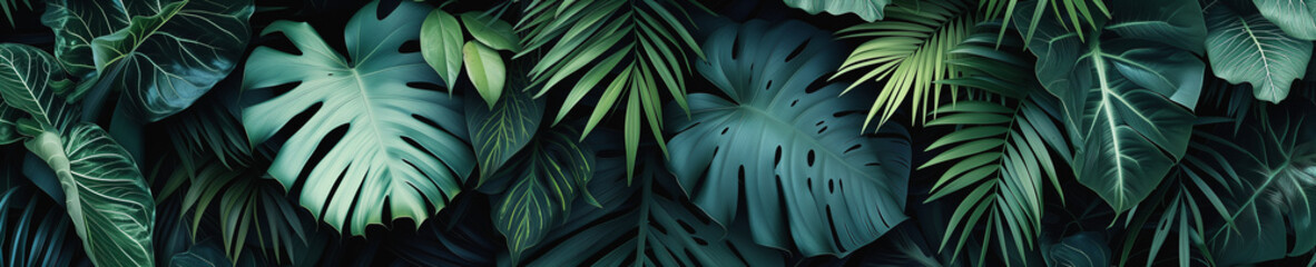 Background from palm leaves. Sleek dark tropical leaves wallpaper, perfect for a sophisticated and modern botanical look - obrazy, fototapety, plakaty