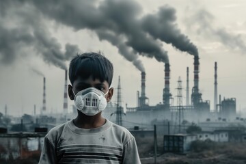 Young indinan child wearing a protective face mask, with industrial smokestacks emitting pollution in the background, representing poor air quality in big polluted city