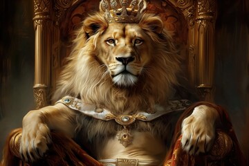 Lion king wearing a crown seated on the throne, embodying majesty and royal power