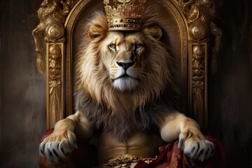 Lion king wearing a crown seated on the throne, embodying majesty and royal power