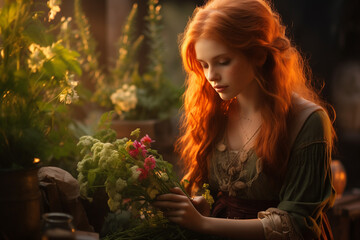 Naklejka premium Red haired girl healer collects herbs and flowers. Generative AI tools