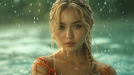 A pretty thai woman with blonde braids standing in pool, close-up shot, dark maroon and beige, calm expression