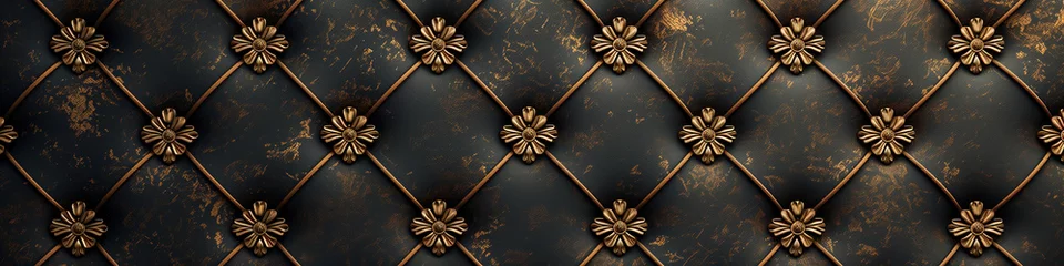Deurstickers Luxurious black tufted leather with ornate gold buttons for an upscale wallpaper design © T-elle