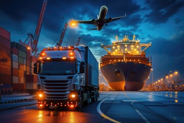 Global logistics with semi-truck, cargo ship docked at port and airplane illustrating freight transport and transportation - obrazy, fototapety, plakaty