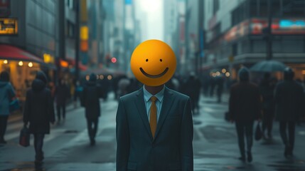 Man in a suit with large smiley face emoticon or emoji as a head, creating a contrast with the busy city life on background - obrazy, fototapety, plakaty