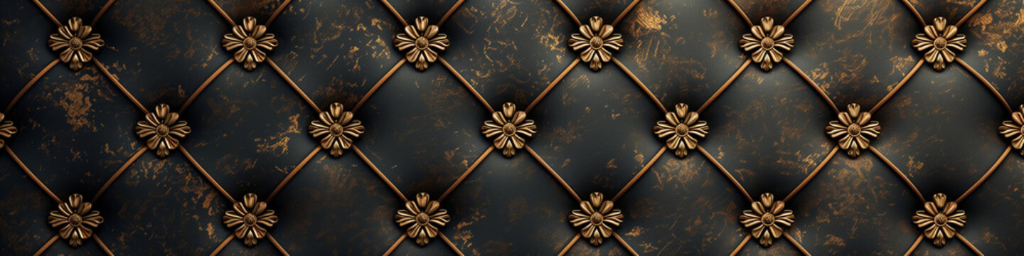 Fototapeta Luxurious black tufted leather with ornate gold buttons for an upscale wallpaper design