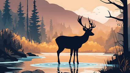 Abstract background of deer in the rive. Forest fantasy landscape graphic illustration. Template for your design works ready to use.