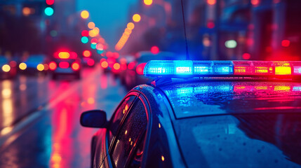 Rainy Evening Patrol: Police Car Navigates City Roads with Vigilance in the Wet Twilight - obrazy, fototapety, plakaty