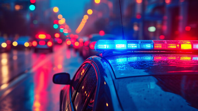Rainy Evening Patrol: Police Car Navigates City Roads with Vigilance in the Wet Twilight