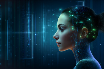 Artificial intelligence. Female face in cyberspace. Machine learning. Mind of cyborg or robot in vr reality. Future concept