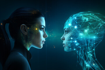 The concept of confrontation between humanity and artificial intelligence. Machine learning. Mind of cyborg or robot in vr reality. Future concept