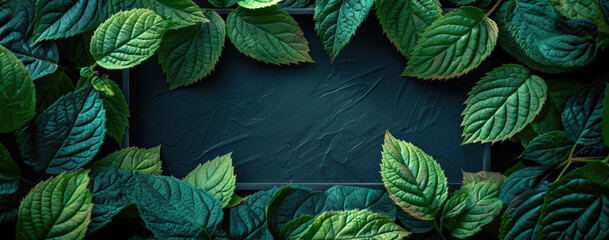 green leaves with frame on dark background