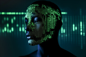 Artificial intelligence. Man face in cyberspace. Machine learning. Mind of cyborg or robot in vr reality. Future concept