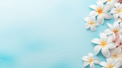White frangipani flowers floating on turquoise water background Generative AI