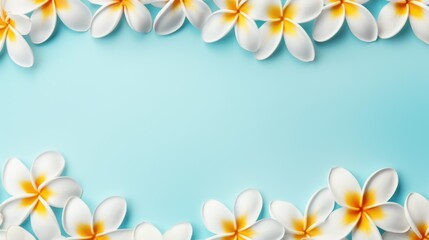 White frangipani flowers on blue background. illustration. Generative AI